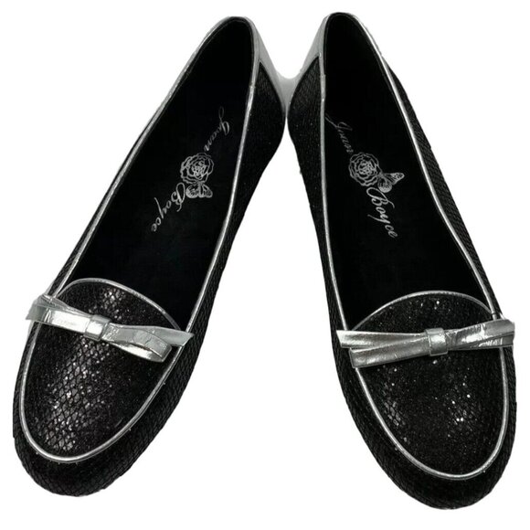Joan Boyce Slip On Flats Shoes Size 7 Black Silver Bow Loafers Comfort Shimmer - Picture 2 of 11